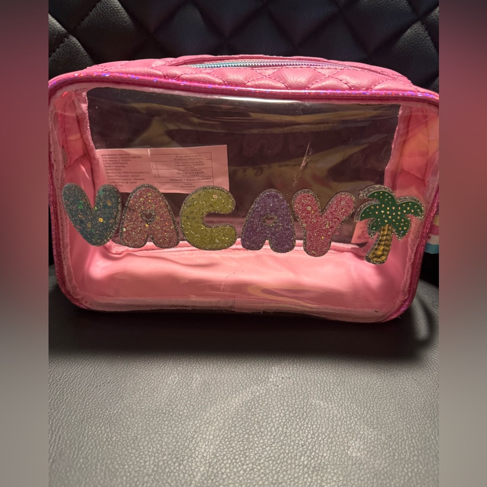 Pink 'VACAY' Clear Cosmetic Bag with Glitter Lettering